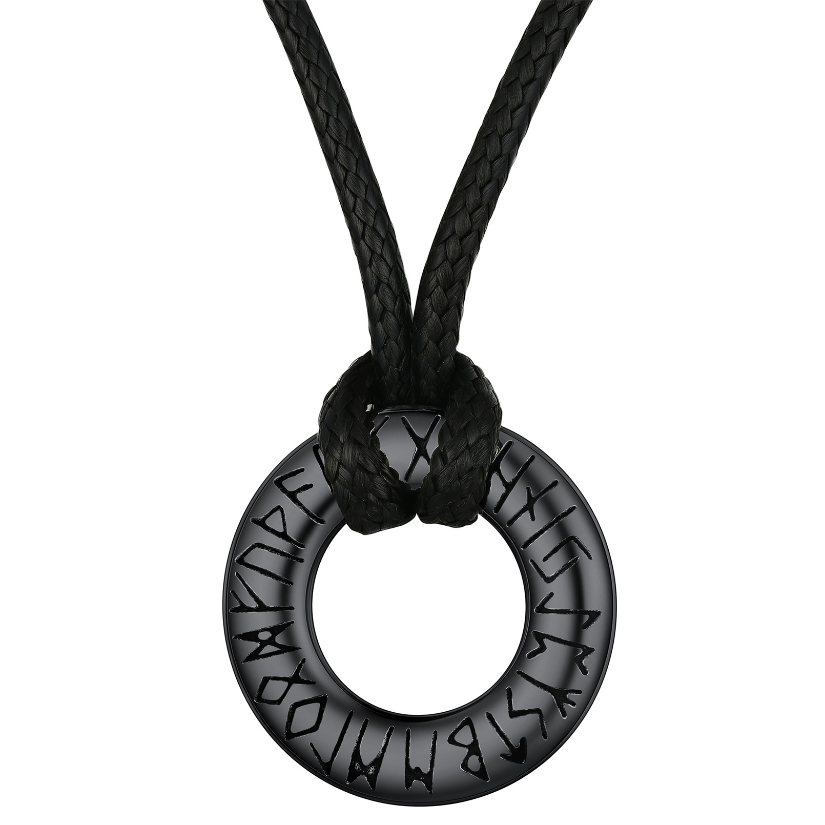 FaithHeart Viking Circle Rune Necklace for Men with Braided Leather Rope Chains Stainless Steel Nordic Mythology Rune Black Jewelry Gifts for Dad Son Grandson Birthday
